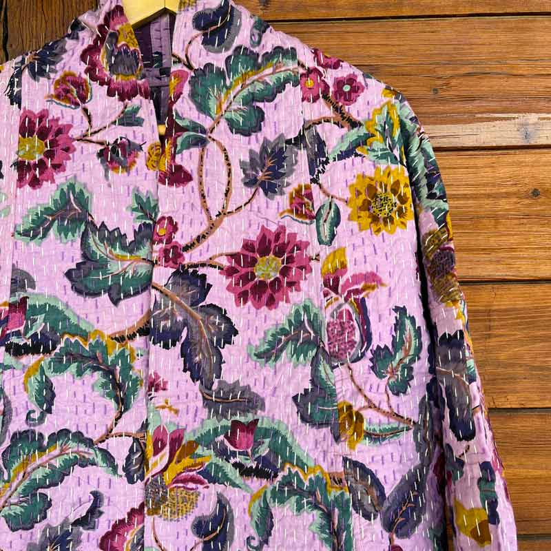 kimono corto de algodón de color malva con flores