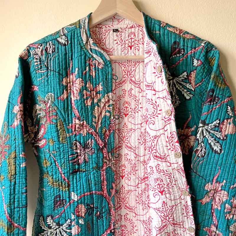 kimono 3/4 reversible con estampado flores turquesa