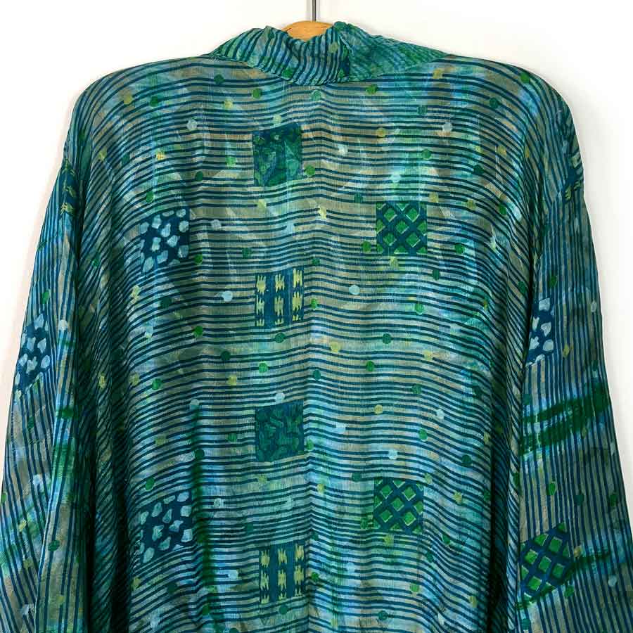 kimono de seda boho en tonos azules y verdes